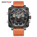 RISTOS 9343 Chronograph Men Multifunction Sport Leather dual display Watches Analog Fashion Wrist Watch New